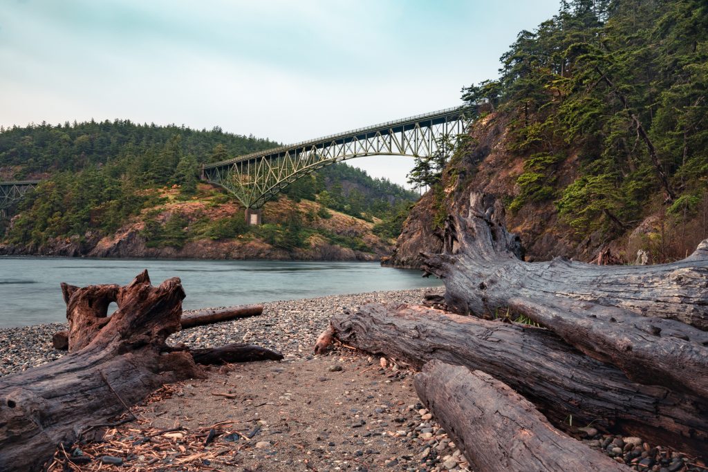 beautiful landscape seen from Deception Pass in Washington State with landmark Deception Pass Bridge in view